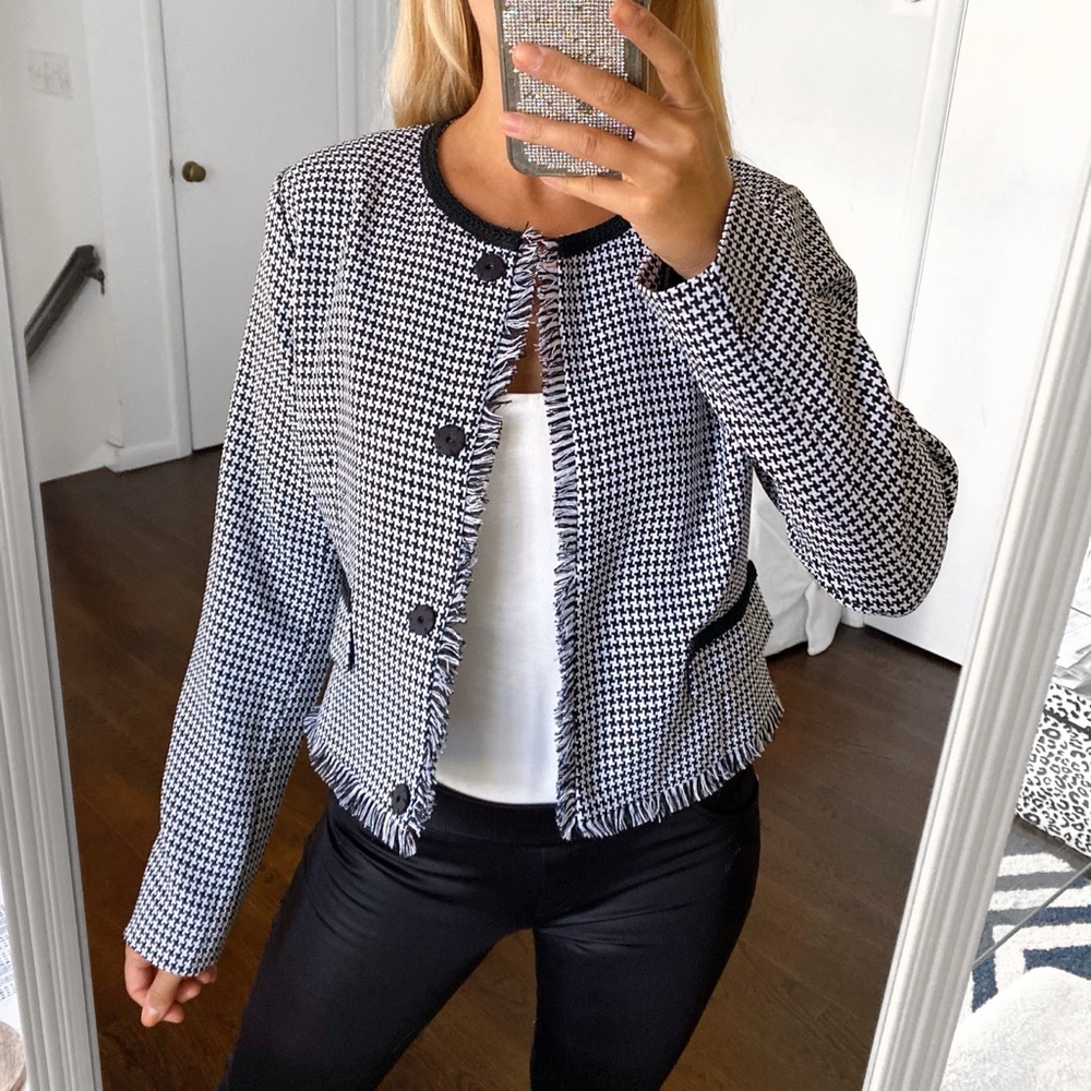 🖤 VOYELLES BLACK & WHITE CHECKERED FRINGE FALL BLAZER JACKET! - Picture 2 of 11